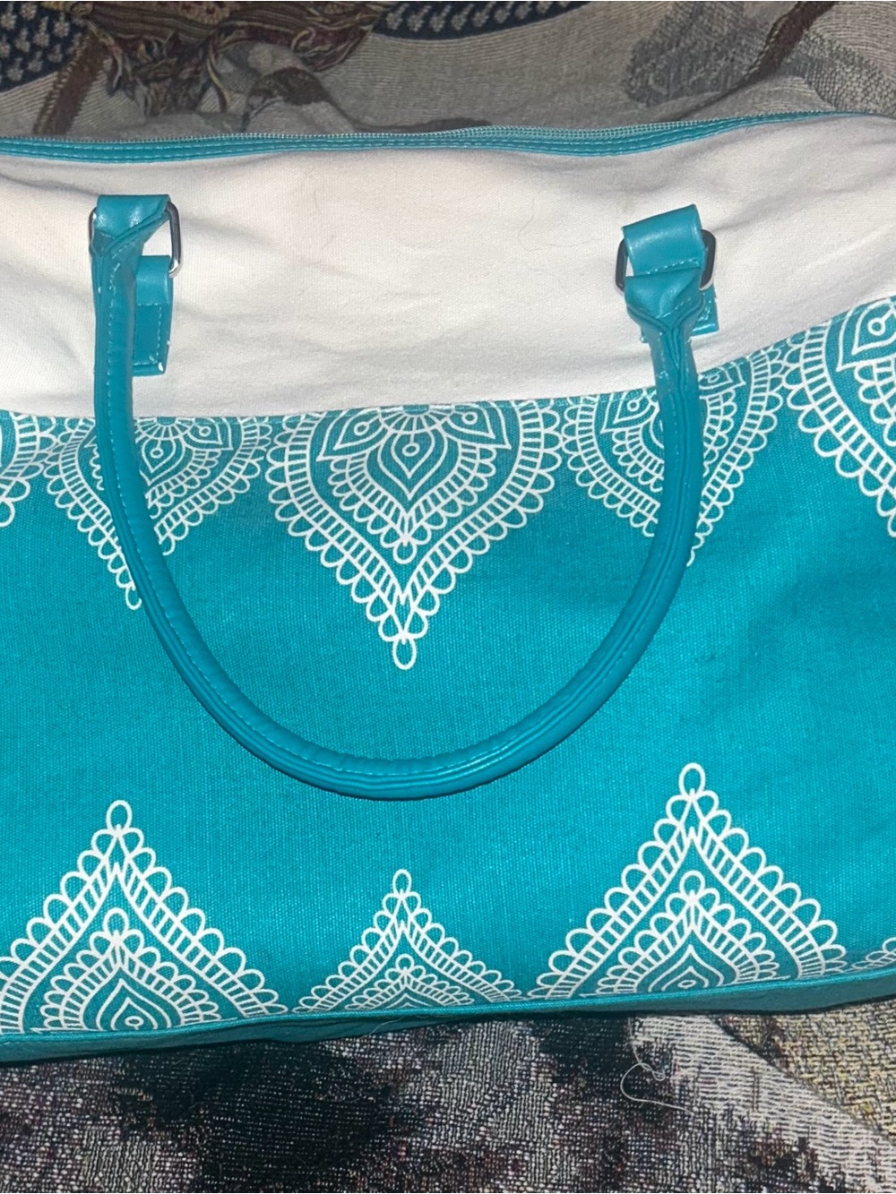 Chi Turquoise and White Patterned Women’s Large Tote Bag with Turquoise Handles